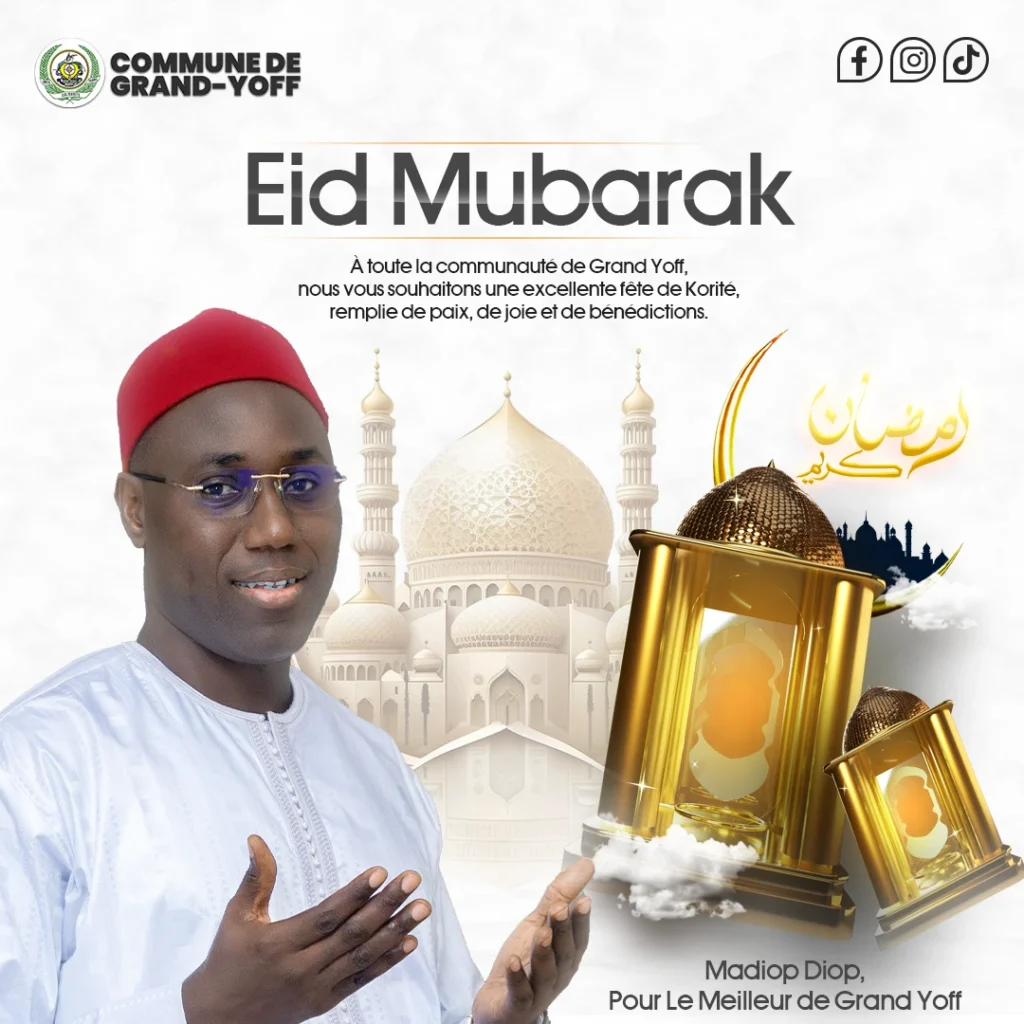 Affiche de vœux Eid Mubarak réalisée par Welma Digital pour la Commune de Grand-Yoff, présentant un responsable municipal en tenue traditionnelle devant une mosquée avec des lanternes décoratives et un message de paix, de joie et de bénédictions à l'occasion de la Korité.