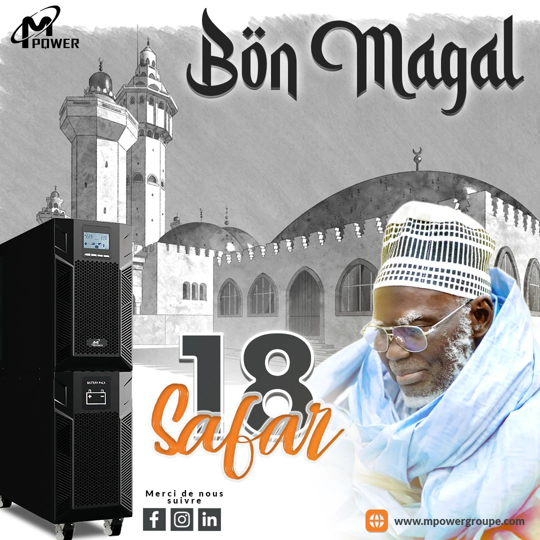 Visuel de communication réalisé par Welma Digital pour M Power à l'occasion du Grand Magal de Touba, présentant un onduleur de la marque, une illustration de la Grande Mosquée de Touba et un message de vœux "Bon Magal" dans une composition graphique adaptée aux réseaux sociaux.