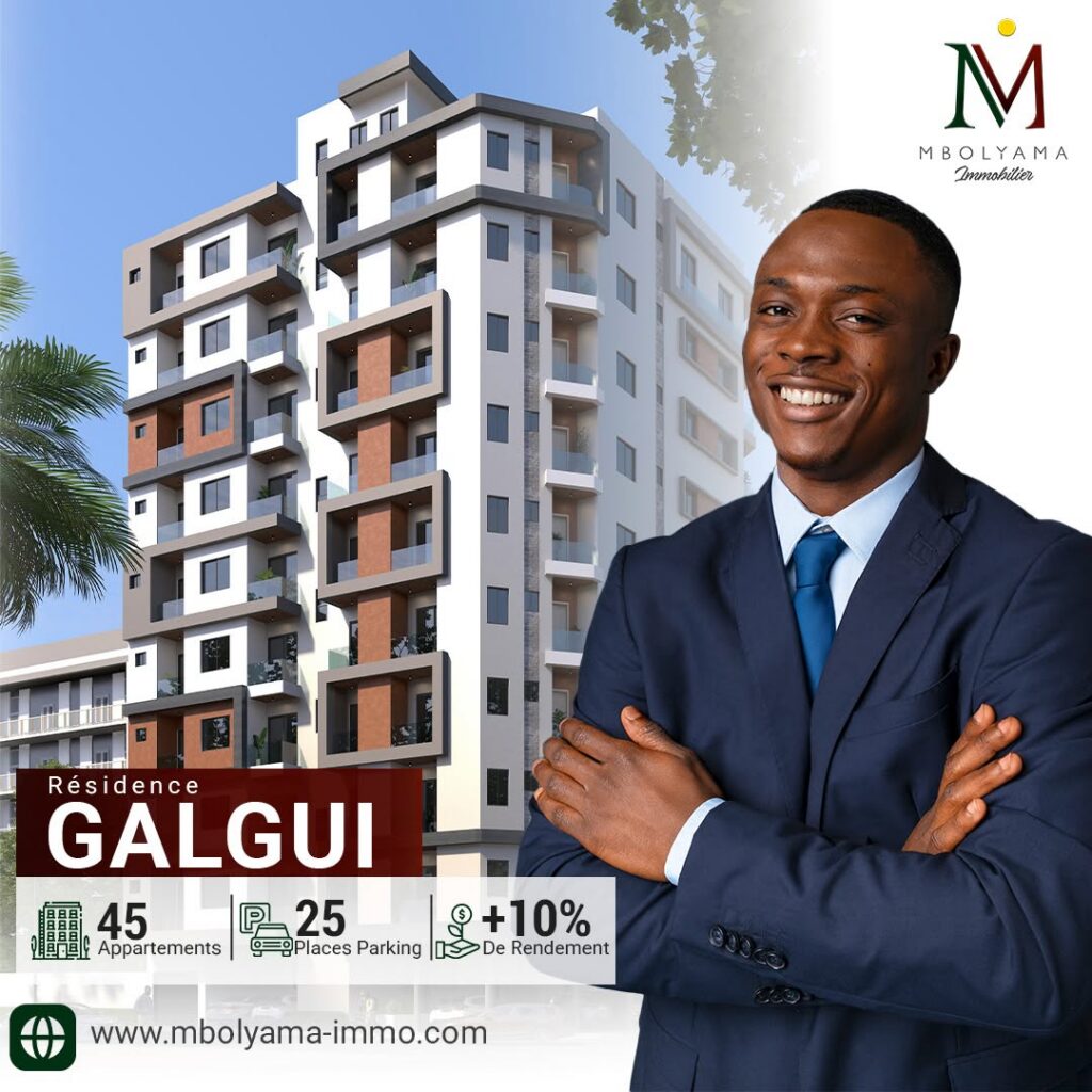Visuel publicitaire de Mbolyama Immobilier présentant la Résidence Galgui, un immeuble résidentiel moderne avec un conseiller immobilier en costume. L'affiche met en avant 45 appartements, 25 places de parking et un rendement estimé à plus de 10 %.
