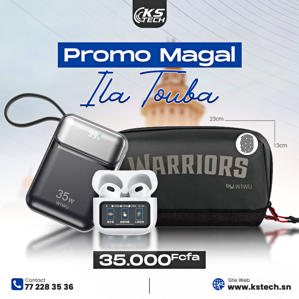 Affiche publicitaire créée par Welma Digital pour la campagne Promo Magal de KSTECH, présentant un pack d'accessoires WIWU comprenant une batterie externe 35W, des écouteurs sans fil avec écran intelligent et une pochette de rangement, proposé à 35 000 FCFA.