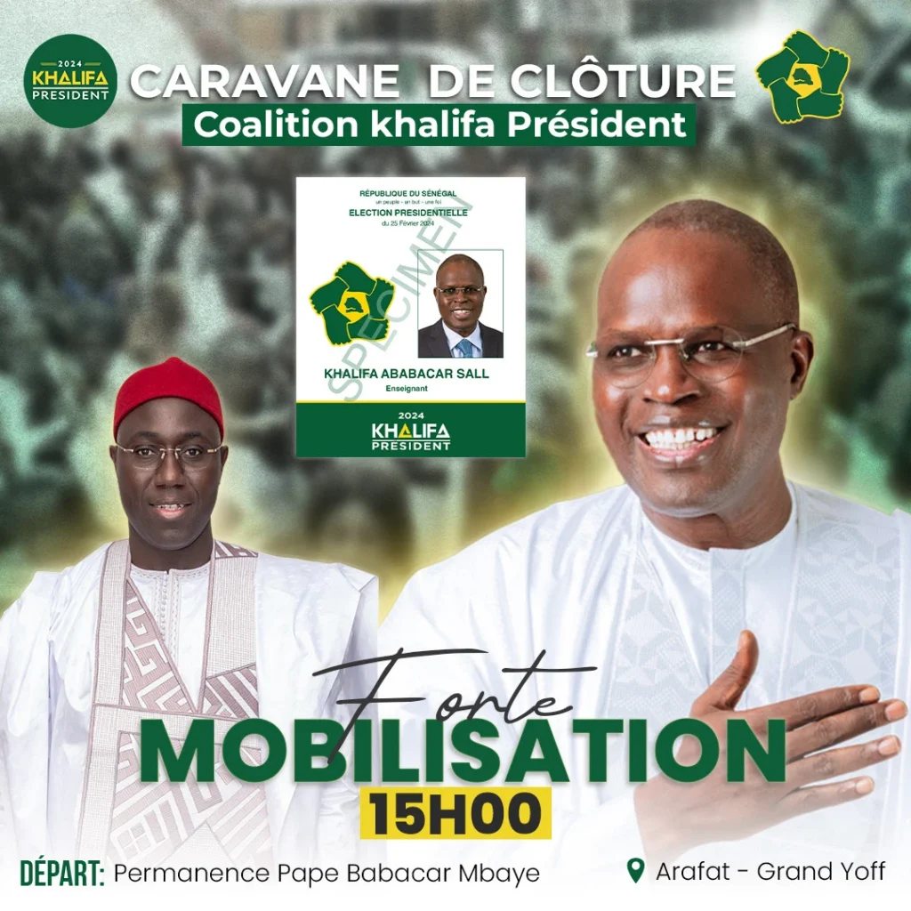 Affiche de campagne réalisée par Welma Digital pour la Caravane de Clôture de la Coalition Khalifa Président, présentant les principaux responsables de la campagne, les informations de mobilisation, le lieu de départ et l'horaire de l'événement dans une composition graphique aux couleurs de la coalition.